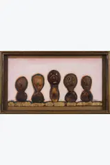 Buste d'ancêtres, Villeurbanne, décembre 1975 by Philippe Dereux, Technique mixte sur panneau dans unencadrement en bois, sold Sep 2025