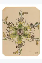 Sans titre by Scottie Wilson, circa 1940, Encre de Chine et crayons de couleur sur papier, sold Sep 2025