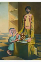 The Font, ou Mushroom-headed Child by John Melville, 1940, Huile sur panneau, sold Oct 2025