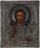 Russisch, um 1900 by Christus Pantokrator mit Silberoklad, tempera, offered Jun 2016