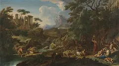 Landschaft mit Hirten bei der Rast, im Hintergrund Ruinen by Holland, um 1700, oil on canvas, sold Mar 2016