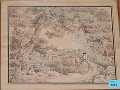 Reiter mit Hund in bewaldeter Landschaft by Balthasar Anton Dunker, watercolor, offered Mar 2016