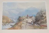 An einem Weg gelegene Hütten in einem gebirgigen Flusstal by England, 2.Hälfte 19.Jh., watercolor, sold Mar 2016