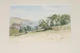 Blick über eine Hügelkuppe auf eine Kleinstadt by England, 2.Hälfte 19.Jh., watercolor, sold Mar 2016