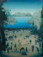 Untitled (Village in the Valley) by Bourmond Byron, oil on board, sold Dec 2023