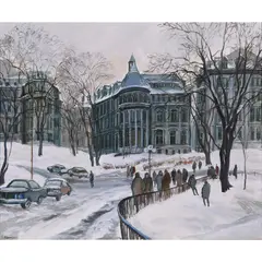 Snowy Street Scene with Fence by Ingrid Harrison, oil on canvas, sold Dec 2023