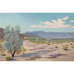 Desert Scene with Snow-Capped Mountains in the Distance by Beatrice Gildersleeve, oil on masonite, sold Dec 2023