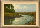 River Landscape by Alan Walton, oil on board, sold Nov 2025
