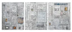 Found Object Assemblage Triptych by Bill Clark, 2000, collage photographs, sold Apr 2025