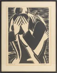 Tendrement" [Tenderly] by Frans Masereel, 1954, Woodcut on Paper, sold Apr 2025