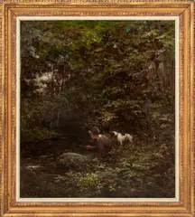 Boy Fishing with Dog by Frederic Yates, 1800s, Oil on Canvas, sold Apr 2025