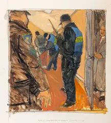 Police Raid by Michael Paraskevas, Acrylic on Paper, sold Apr 2025