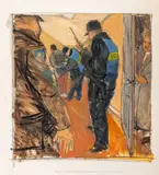 Police Raid by Michael Paraskevas, Acrylic on Paper, sold Apr 2025