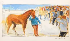 Horse Race Tracks Scene by Michael Paraskevas, 1989, Acrylic on Paper, sold Apr 2025