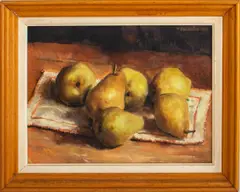 Still Life Scene of Pears by G. Rubinstein, 1974, Oil on Panel, sold Apr 2025