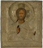Russisch, um 1900 by Christus Pantokrator mit Oklad, tempera, offered Mar 2016
