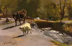 Kleine Herde am Bach, auf der Brücke Hirte mit Ziegen", 1867 by Rudolf Koller, oil on canvas, sold Mar 2016