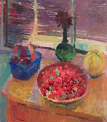 Stillleben mit Kirschen, Pflaumen und Honigmelone, 1980 by Henri Schmid, oil on canvas, sold Mar 2016