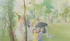 Tischgesellschaft im Garten, 1958 by Otto Bachmann, oil on board, sold Mar 2016