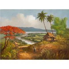 Untitled (Figure and Huts with River in the Distance) by Cesar Amorsolo, 1965, oil on canvas, sold Jan 2024