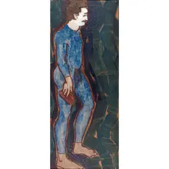 Untitled (Man in Blue) by Guy Anderson, 1984, oil on tarred roofing paper, sold Jan 2024