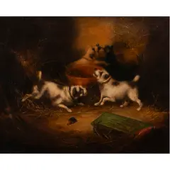 Terriers Playing by Frank Cassell, oil on canvas, sold Jan 2024