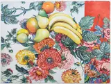 Still Life with Fruit and Floral Tablecloth by Marie Brumund, watercolor, sold Jan 2024