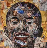 Portrait of a Boy by Dario Manjate, collage on canvas, sold Mar 2026
