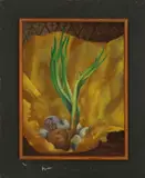 Still Life Scene with Onions and Shallots by Charles Blum, 1950, Oil on Masonite, sold Apr 2025