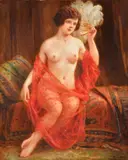 Nude holding a fan Oil on canvas Signed lower right 74 x 61cm (29 x 24 in.) by Abel-Dominique Boyé, Oil on canvas, sold Jul 2019