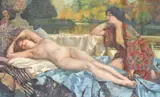 Relaxing by the lake Oil on canvas Signed lower left 121 x 200cm (47½ x 78½ in.) by Henri Montassier, Oil on canvas, sold Jul 2019