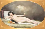 Danae reclining with oranges Oil on canvas Signed and dated 1873 lower right Oval 111 x 187cm (43½ x 73½ in.) by Célestin Joseph Blanc, 1873, Oil on canvas, sold Jul 2019