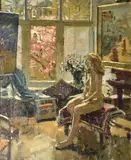 Nude seated in the artist's studio by Ken Howard, Oil on canvas, sold Jul 2019