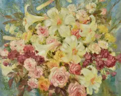 Still life of roses and lilies by John Strevens, Oil on canvas, sold Jul 2019