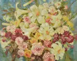 Still life of roses and lilies by John Strevens, Oil on canvas, sold Jul 2019