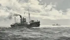 Minesweepers on patrol by Montague Dawson, Oil on canvas board, sold Jul 2019