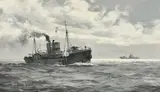 Minesweepers on patrol by Montague Dawson, Oil on canvas board, sold Jul 2019