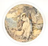 A shepherdess with sheepWatercolour and pen by Francis Wheatley, 1786, Watercolour and pen, tondo, sold Jul 2019
