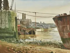 Quiet morning at the docks Watercolour Signed lower right 25 x 35cm (9¾ x 13¾ in.) λ Indicates that this lot may be subject to Droit de Suite royalty charges by Jonathan Pike, Watercolour, sold Jul 2019