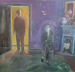 The Visitor, 1990 Oil on board Initialled and dated 90, inscribed verso 122 x 122 cm by Harold Mockford, Oil on board, sold Jul 2021