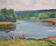 Fun by the river by Nikolai Eltyshev, 1972, oil on canvas, sold Jul 2021