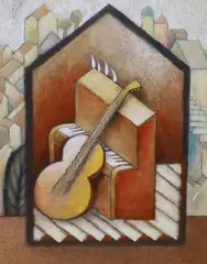 Abstract piano and guitar by Jiri Borsky, oil on board, sold Jul 2021