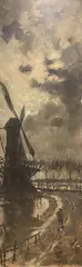 Figure by a windmill at dusk by Henry John Thaddeus, oil on wood, sold Jul 2021