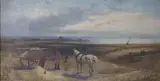 Beach scene with cart horses, indistinctly inscribed verso, 17 x 31cm by James Walsh, oil on canvas, sold Jul 2021