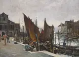 The docks at Antwerp by William Logsdail, 1851, oil on canvas, sold Jul 2021