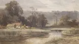 River landscape with shepherd and flock by Georgina De L'Aubiniere, 1877, watercolour, sold Jul 2021