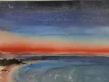 New moon at sunset, Forster Beach, New South Wales by Barbara Tribe, watercolour, sold Jul 2021