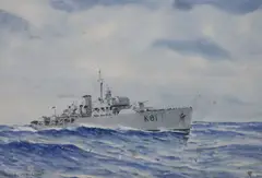 HMS Mallow, Flower Class Corvette 1942, monogrammed, 19 x 26cm by Eric Tufnell, watercolour, sold Jul 2021