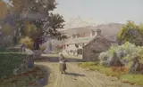 Figures on a village street by Ridgard Hartley, watercolour, sold Jul 2021