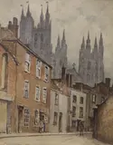 Cathedral town street scene by Edward Leslie Badham, 1929, watercolour, sold Jul 2021